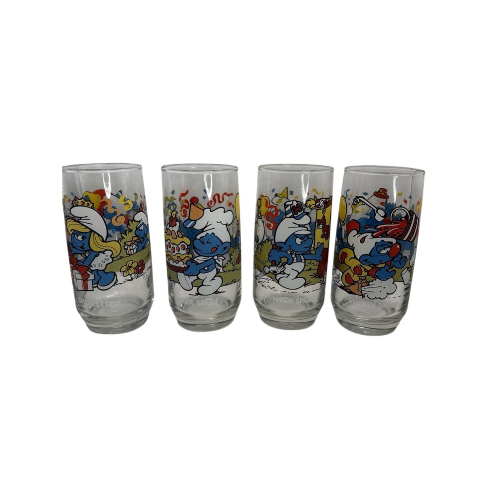 Wallace Berrie & Co. 1983 Smurfs 12 oz Glass Cup Set of 4 Smurfette